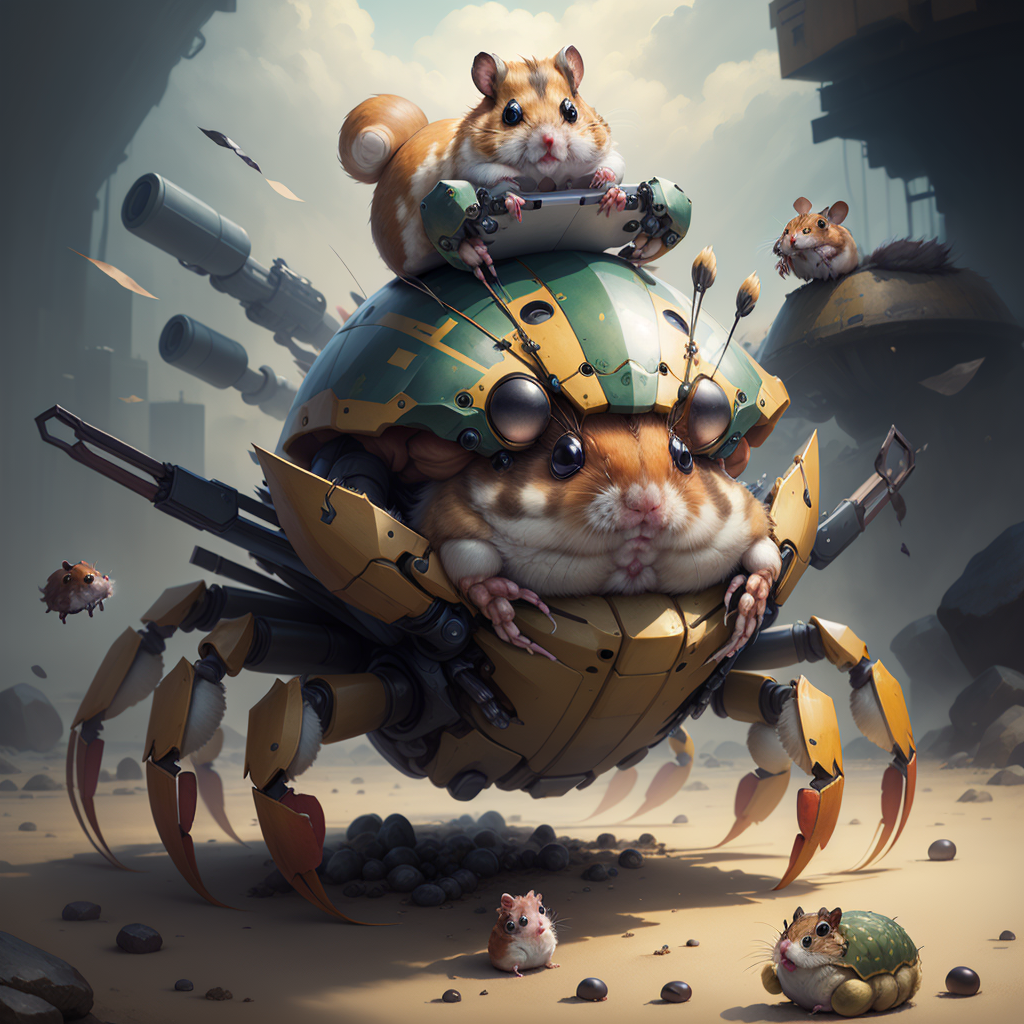 masterpiece,   <lora:kHorrorCrab:0.5> h0rrorCrab,  (hamster) on  a crab mecha,guns